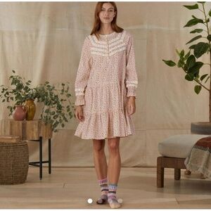 Sundance Pink Floral Nightgown Sleep Dress‎ Tiered Lace Trim Ruffle Cotton M